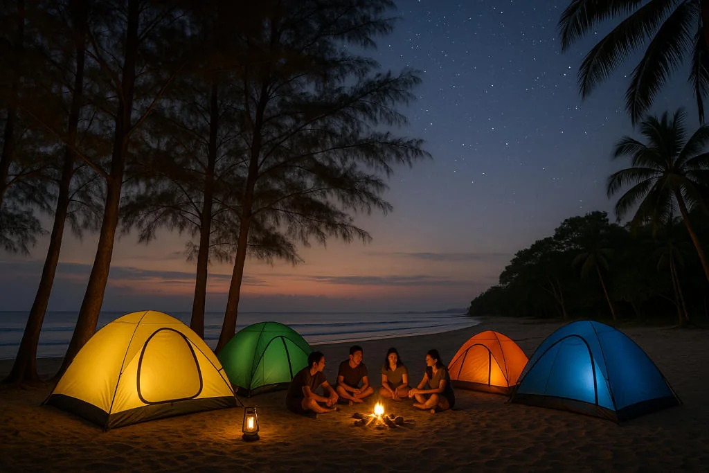 Dusk campsite scene showing tents and trees during Luzon beach camping