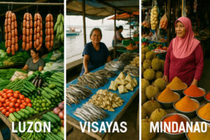 Collage of Luzon, Visayas, and Mindanao scenes showing Filipino market mornings across the Philippines