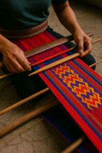 Kalinga weaving on a backstrap loom along Kalinga river roads