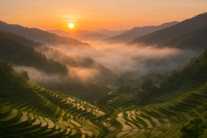 Sunrise over Maligcong Rice Terraces during Bontoc highlands travel