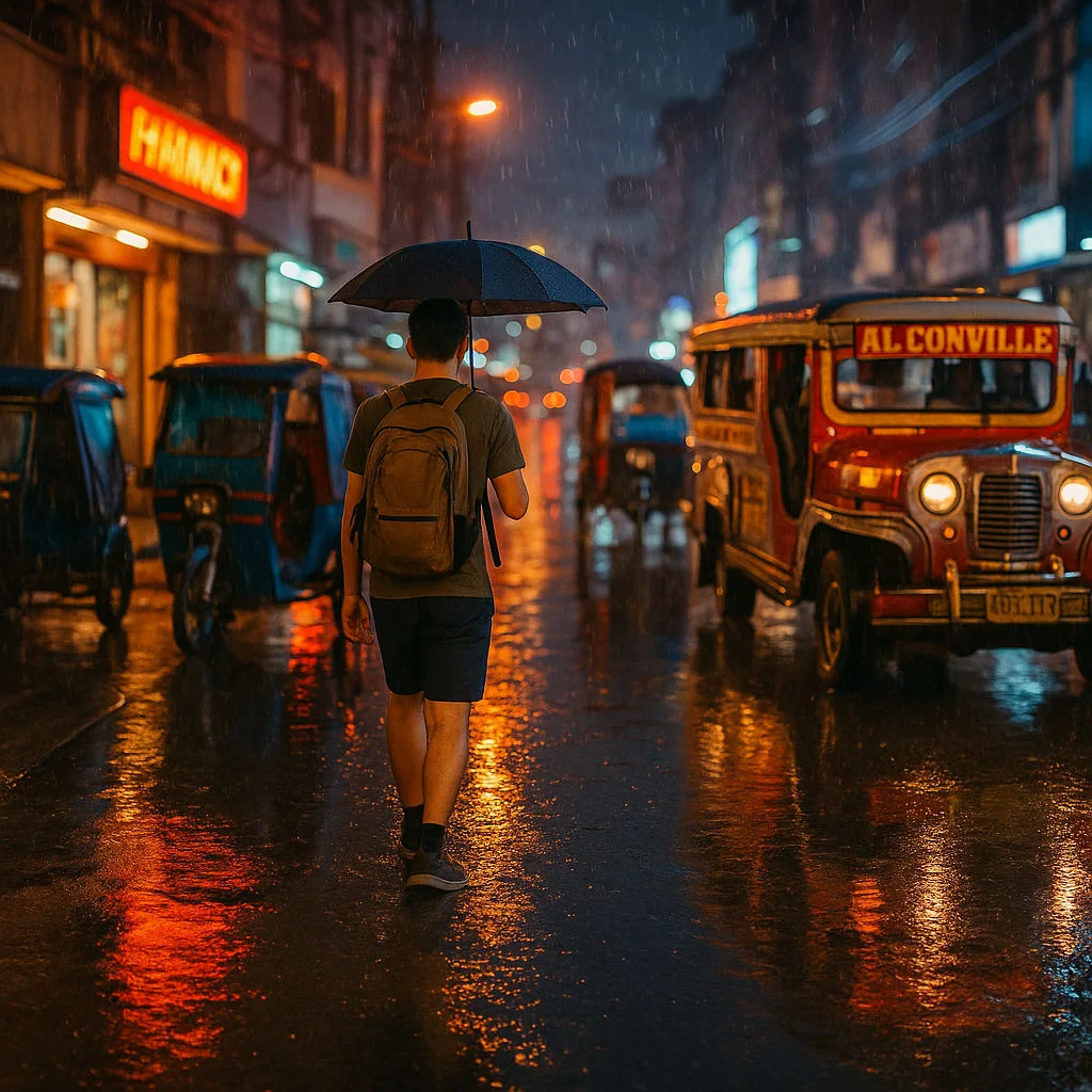 Traveler with umbrella in rainy Manila street for Philippines weather travel guide