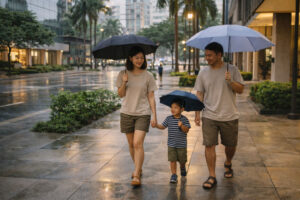 Manila with kids on an easy walk in BGC with light rain