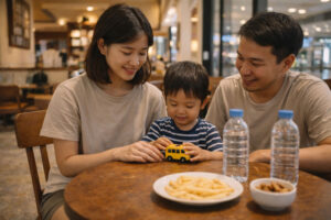 Manila with kids taking a calm café reset in an air-conditioned mall