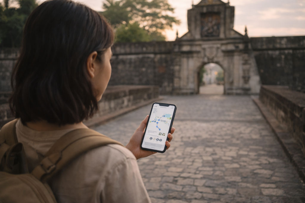 Manila without a car planning a walk and Grab route at Intramuros entrance