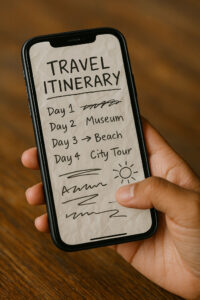 Messy handwritten itinerary showing flexible no-expectation travel plans