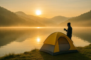 Mindanao lakeside sunrise scene during camping in the Philippines