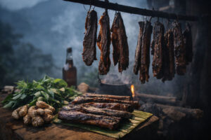 Smoky cured meat scene representing northern heritage flavors in the Cordillera