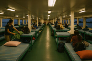 Overnight ferry bunk area with passengers settling in
