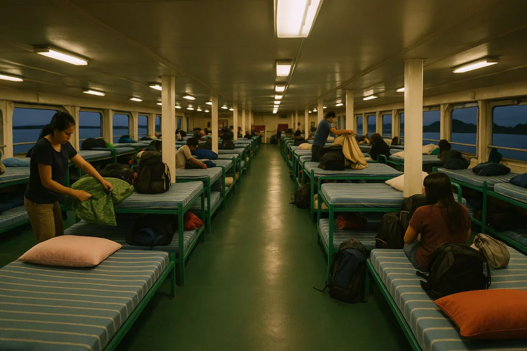 Overnight ferry bunk area with passengers settling in