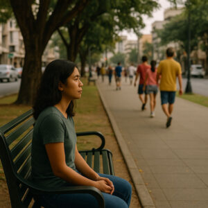 Traveler on a park bench practicing no-expectation travel by people-watching