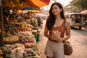 Personal travel choices shown through a relaxed merienda stop at a Philippine market