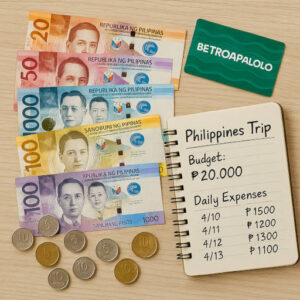 Flat lay of pesos and notebook showing a sample Philippines travel budget