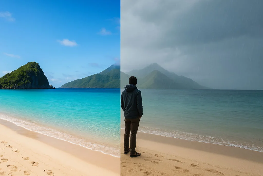 Beach scene showing dry and rainy season contrast for Philippines weather travel guide