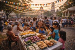 Philippines festival calendar small-town fiesta with banderitas and kakanin in a town plaza