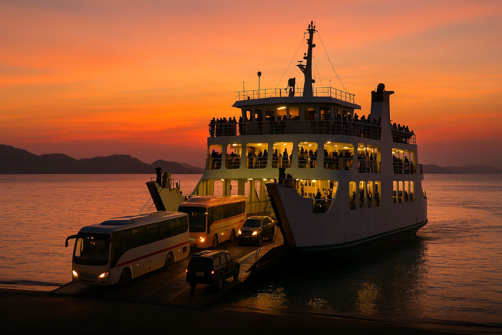 RoRo ferry boarding buses and cars at sunset in the Philippines