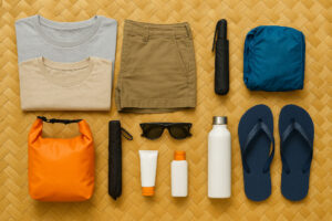 Flatlay of packing essentials for Philippines weather travel guide