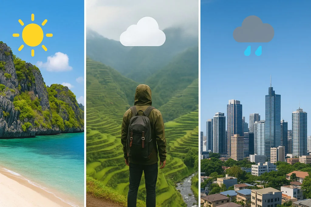 Collage illustration for Philippines weather travel guide showing island, mountain, and city scenes