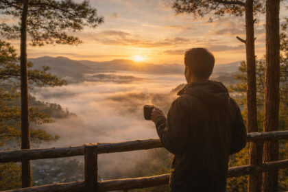 Traveler with coffee at a foggy pine-framed sunrise viewpoint in the Philippines