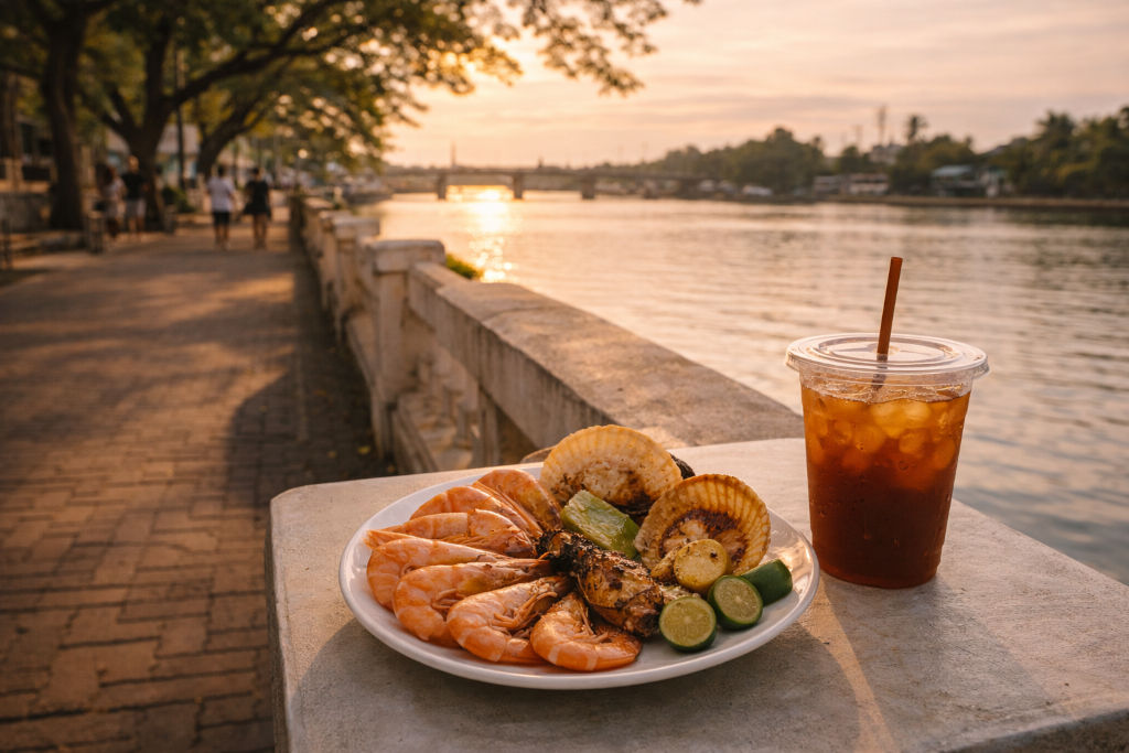 Roxas City travel scene combining seafood and Panay River riverside calm