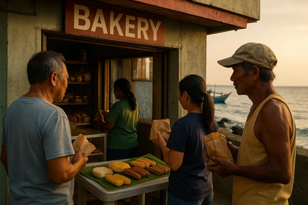 Locals buying bread for coastal merienda near the sea