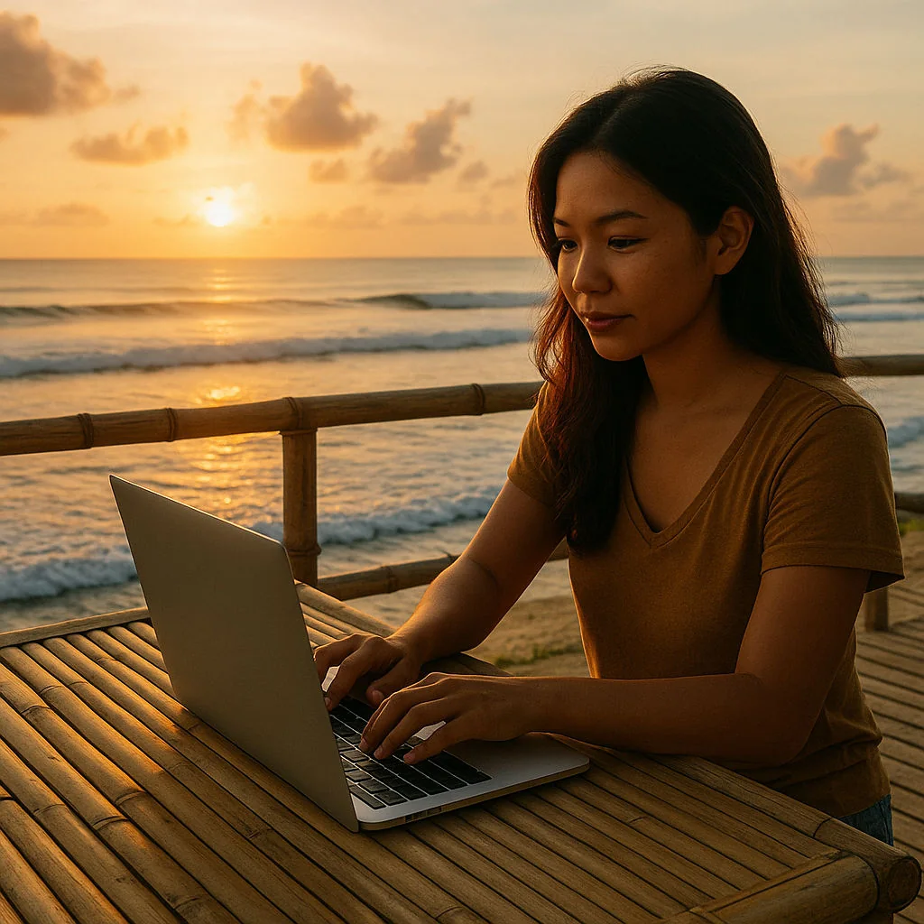Mika Santos, Digital nomad Philippines working by the Siargao shoreline at sunrise