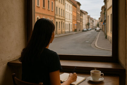 Solo traveler journaling in a café during a no-expectation travel day