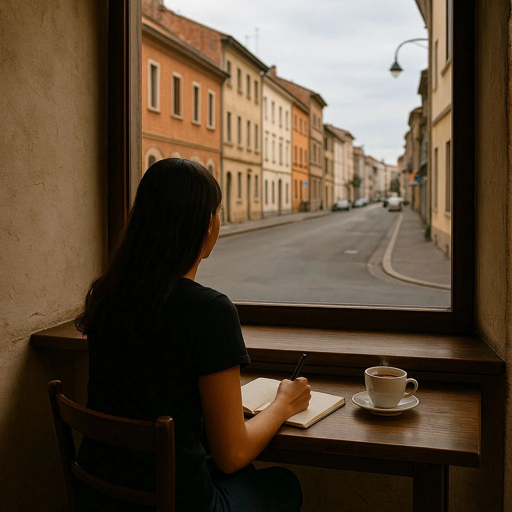 Solo traveler journaling in a café during a no-expectation travel day