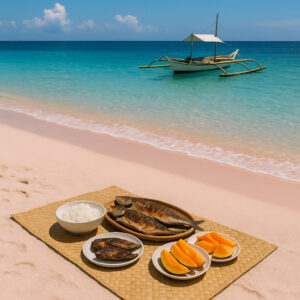 Pinkish sand picnic scene on Subic Beach for Sorsogon travel guide