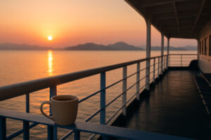 Sunrise view with coffee cup on ferry deck in the Philippines