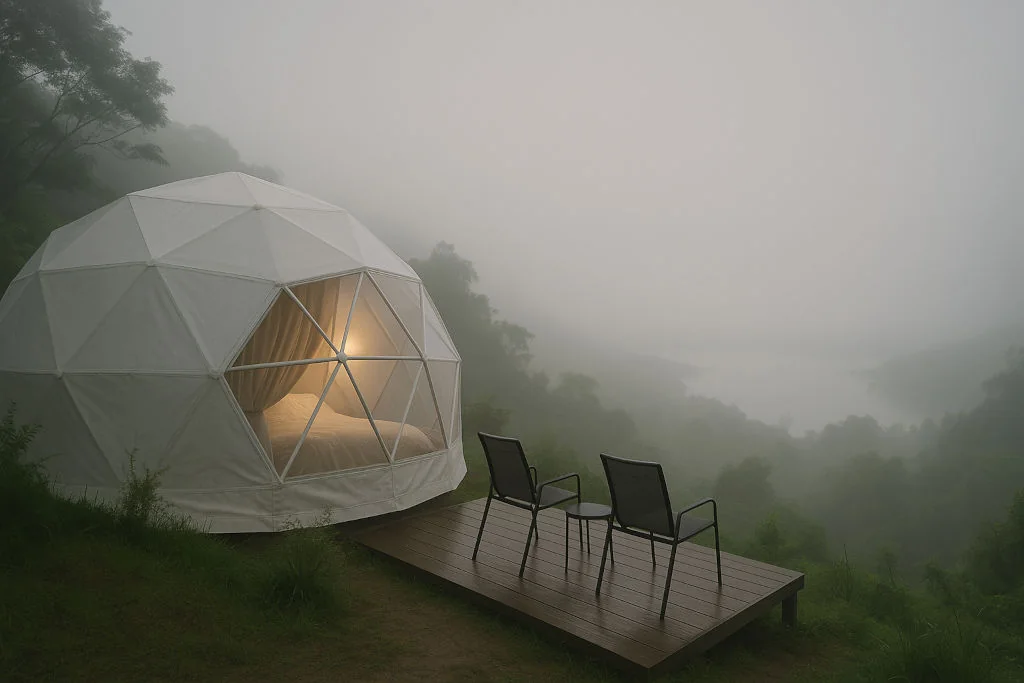 Foggy morning Tagaytay hillside glamping dome with valley view