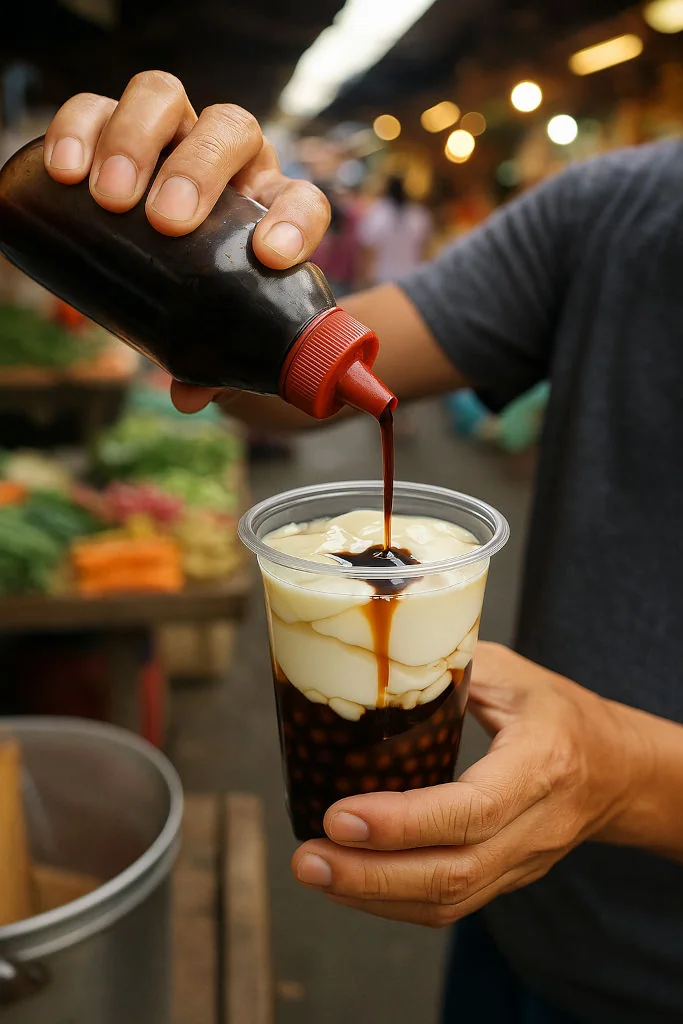 Taho vendor serving sweet tofu during Filipino market mornings