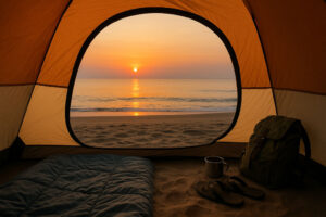 Sunrise view from tent door during Luzon beach camping weekend
