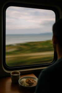 Transit window view reflecting quiet no-expectation travel moments