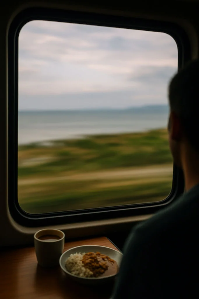 Transit window view reflecting quiet no-expectation travel moments