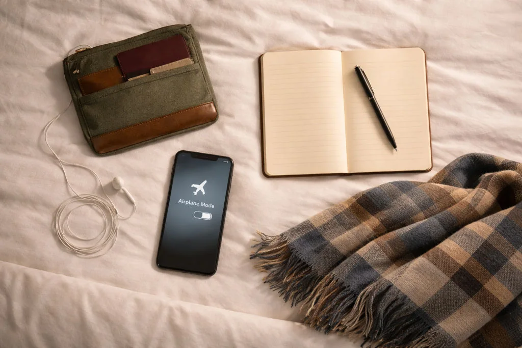 Bed flatlay of essentials for evening travel calming rituals