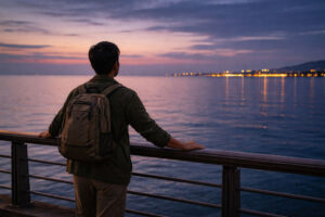 Traveler pausing to breathe and practice travel calming rituals by the water