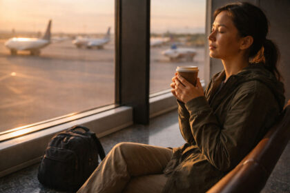 Traveler practicing travel calming rituals by a terminal window with warm light