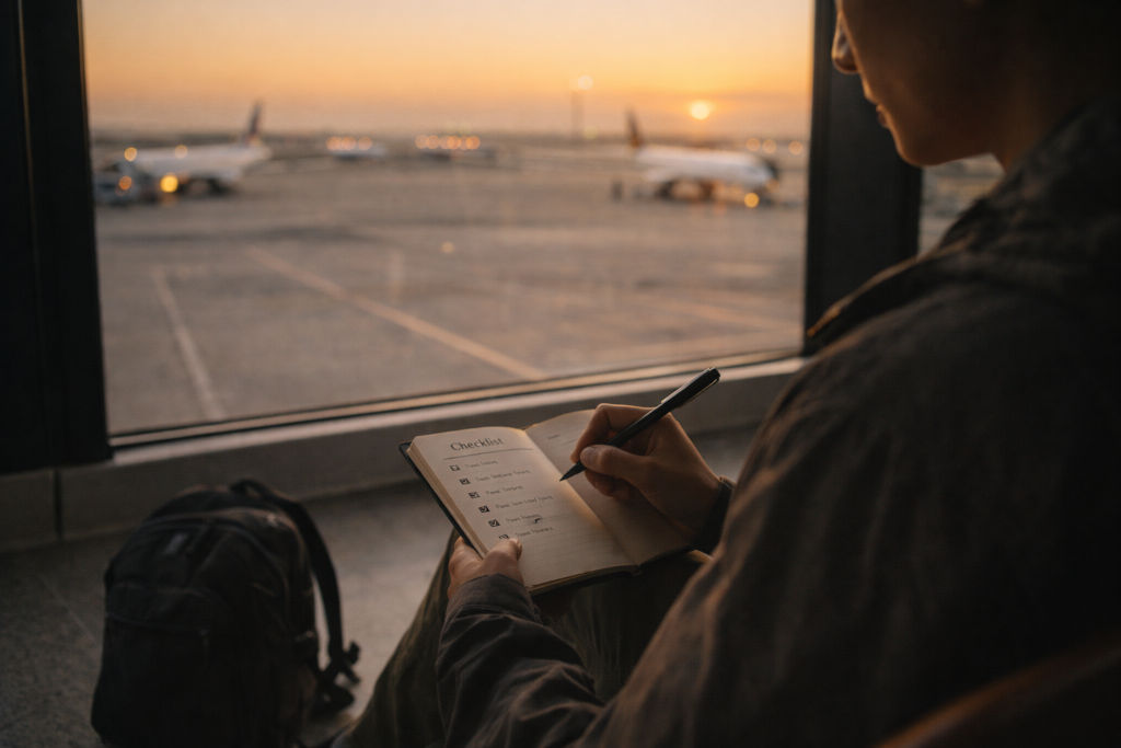 Traveler reviewing travel-friendly habits checklist at an airport window
