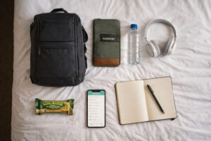 Evening reset flatlay on a bed showing travel-friendly habits essentials