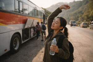 Traveler stretching with water bottle during a travel-friendly habits bus stop break