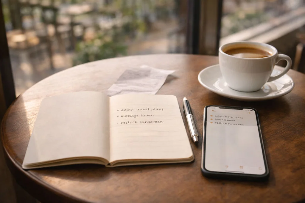 Café table setup for travel journaling essentials