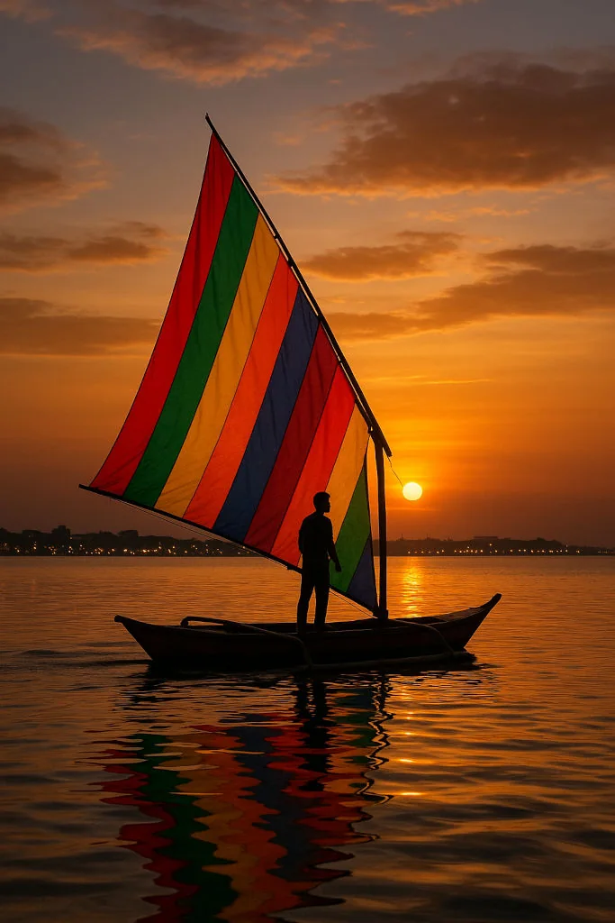 Vinta at sunset near Paseo del Mar showing Zamboanga city colors