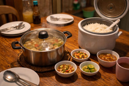 Visayan comfort kitchens table with steaming sabaw rice and sawsawan
