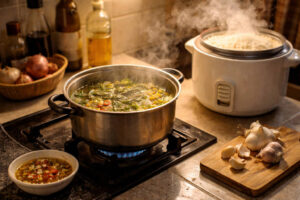 isayan comfort kitchens opening scene with simmering sabaw, rice steam, and sawsawan vinegar