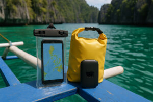 Waterproof gear and pocket WiFi Philippines on island-hopping boat