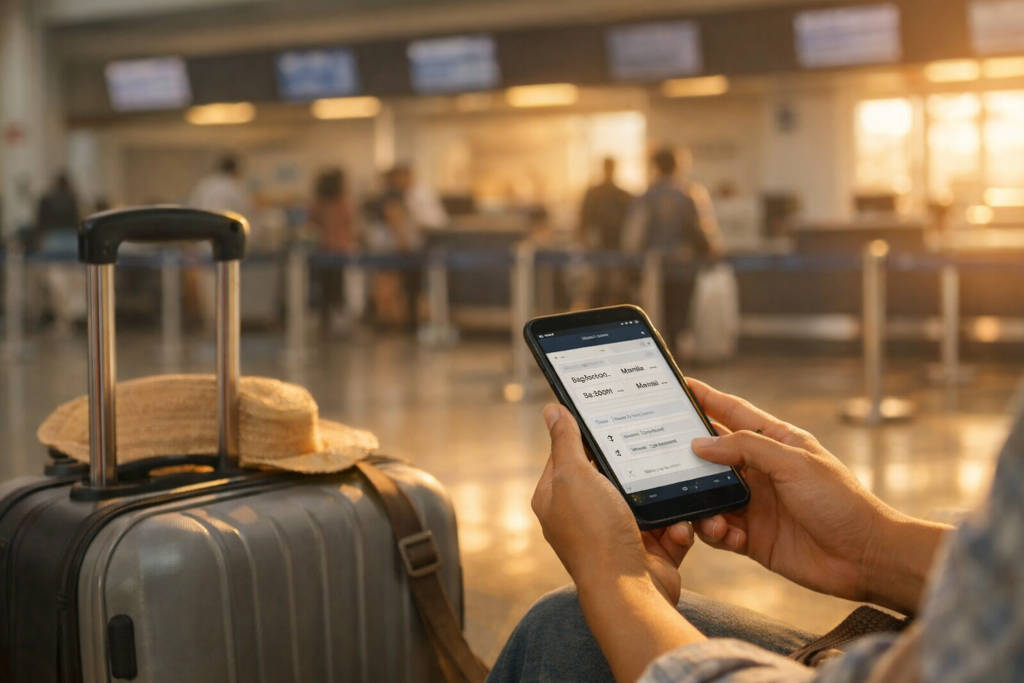 How to Get from Bacolod to Zambales: Options, Time, Cost, and Low-Stress Tips Bacolod to Zambales planning moment at Bacolod-Silay Airport with phone itinerary and carry-on