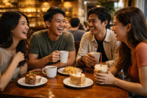 bakasyon captions Tagalog barkada vibe photo of friends laughing over merienda