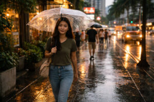 bakasyon captions Tagalog rainy-day vibe photo of an umbrella walk on a wet street