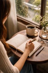 bakasyon captions Tagalog slow travel vibe photo with a journal and coffee in soft light