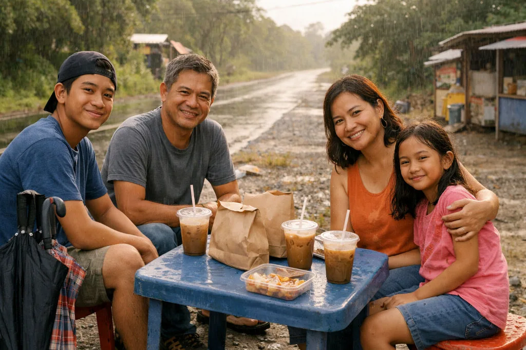 Bakasyon planning with a Filipino family taking a calm merienda stop with time buffer